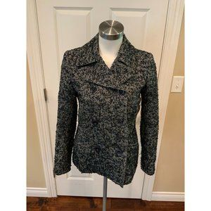 Theory Blue & Gray Tweed Wool Blend Double Breasted Coat, Size P